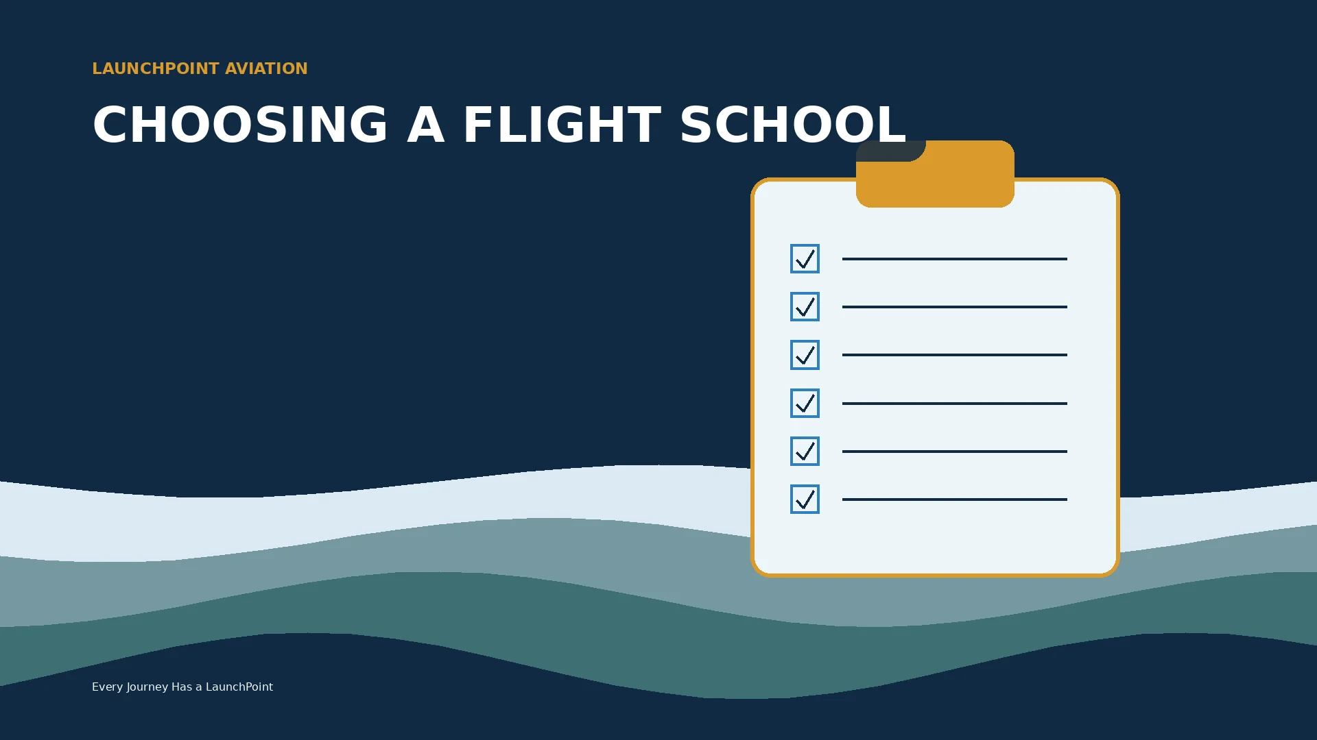 A large checklist overlays a calm generic airport scene with symbols for insurance, aircraft, instruction, maintenance, pricing, and scheduling.