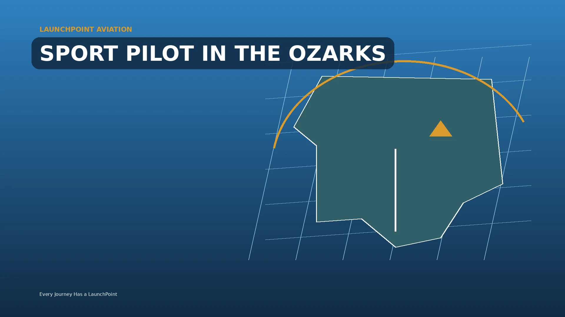 Stylized Missouri and Ozarks map forms a regional backdrop for a runway, compass line, and sunrise without marking an operating airport.