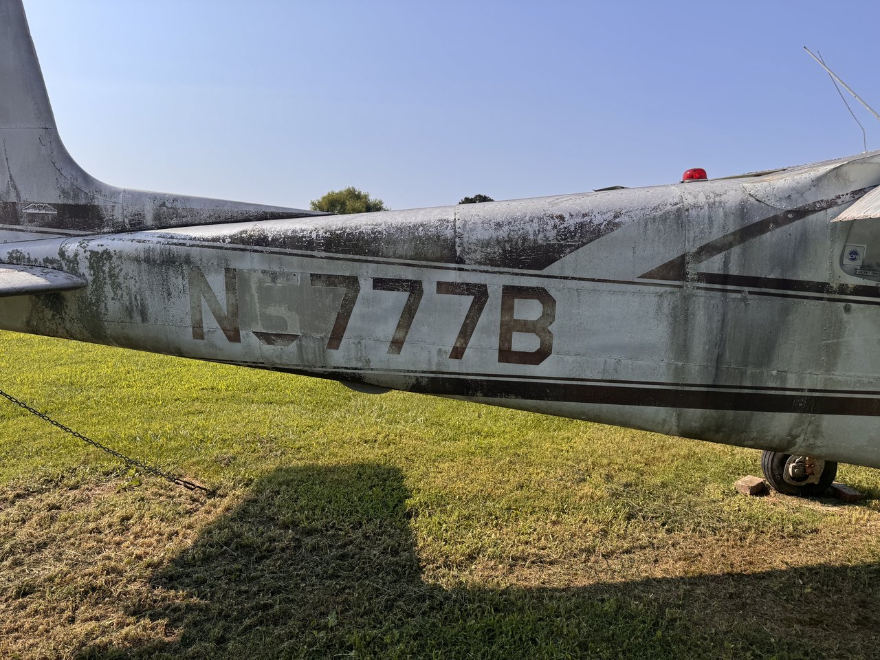 Left tail and fuselage of Cessna 172 N8777B before professional cleaning, showing substantial surface contamination and weathering around the registration.